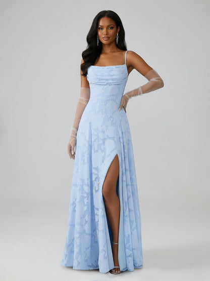Bella A-Line Spaghetti Strap Sleeveless Floor-Length Floral Lace Long Bridesmaid Dresses With Slit