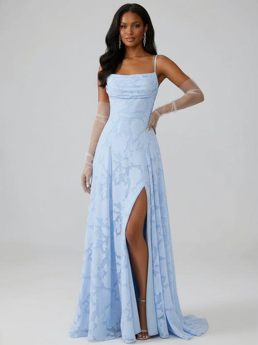Bella A-Line Spaghetti Strap Sleeveless Floor-Length Floral Lace Long Bridesmaid Dresses With Slit