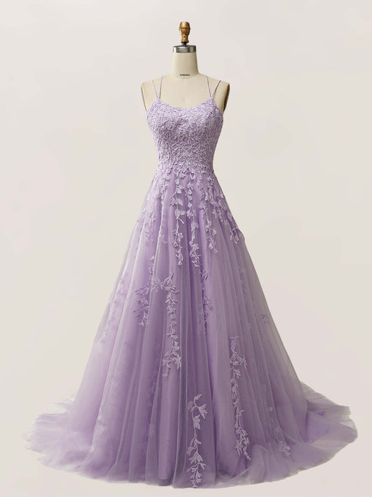 Brelyn A-Line Spaghetti Straps Long Prom Dresses with Appliqued