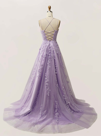 Brelyn A-Line Spaghetti Straps Long Prom Dresses with Appliqued