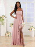Briar Enchanting A-Line Square Pleated Slit Floor Length Chiffon Bridesmaid Dresses with Pockets