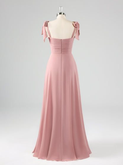 Briar Enchanting A-Line Square Pleated Slit Floor Length Chiffon Bridesmaid Dresses with Pockets