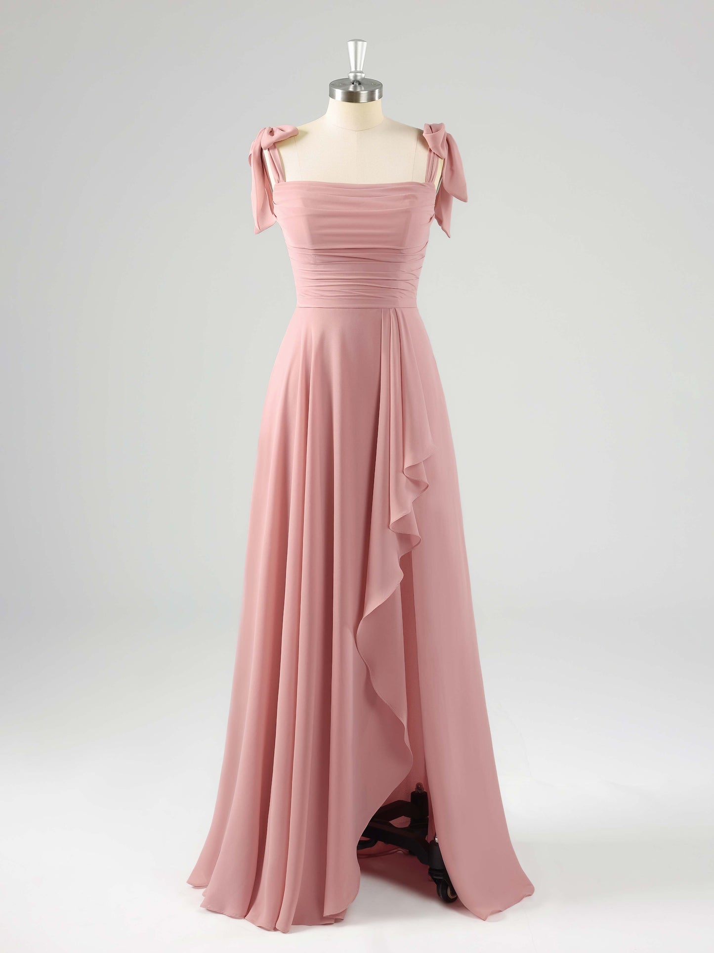 Briar Enchanting A-Line Square Pleated Slit Floor Length Chiffon Bridesmaid Dresses with Pockets