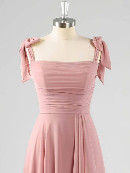 Briar Enchanting A-Line Square Pleated Slit Floor Length Chiffon Bridesmaid Dresses with Pockets