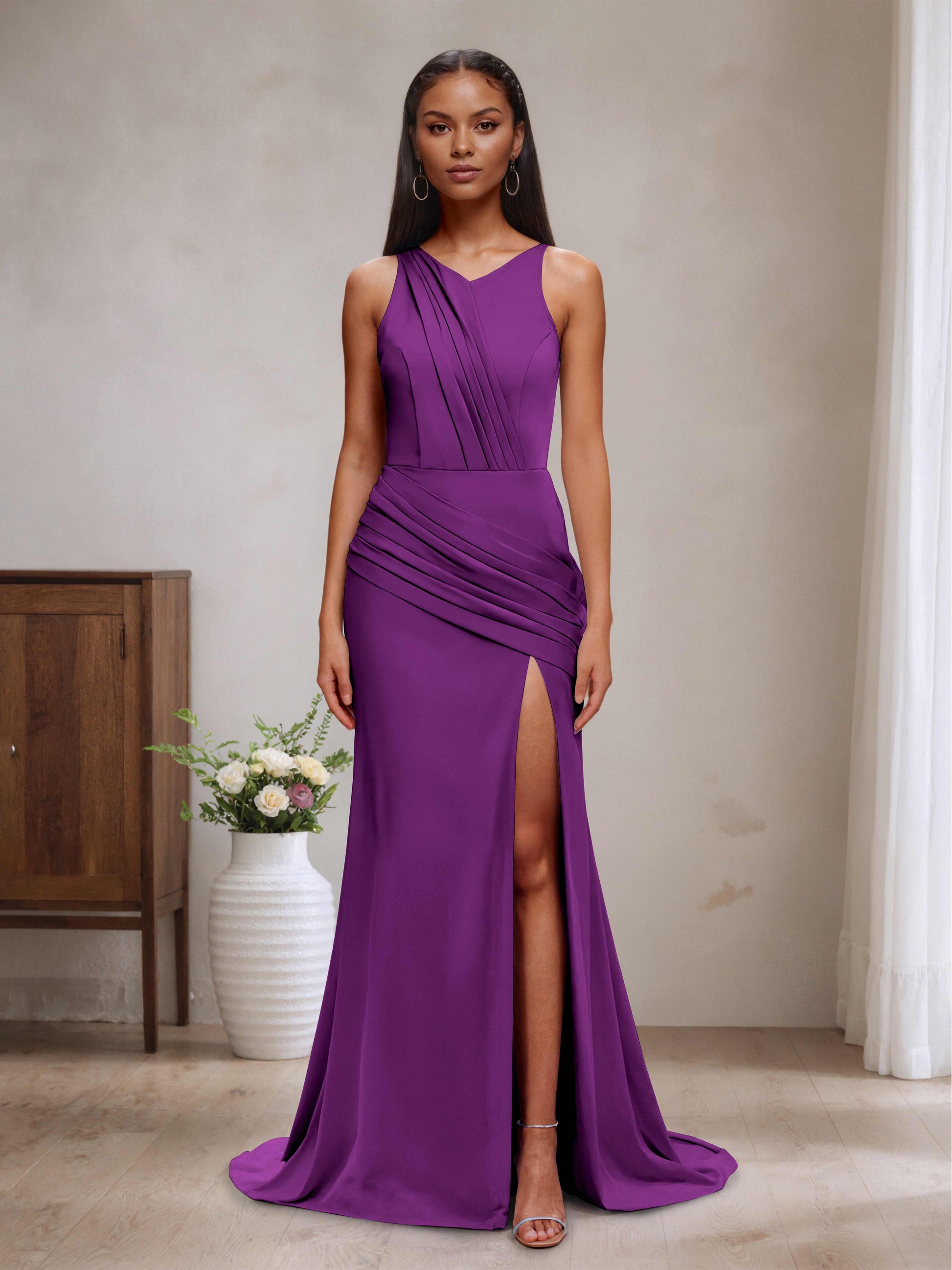 purple v neck bridesmaid dresses Lysara Elegant V Neck Ruffles Long Sleeves Floor Length Chiffon Bridesmaid Dresses, Regency