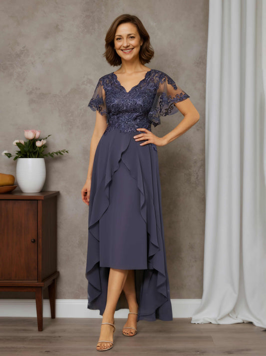 Calina Elegant A-line V-neck Short Sleeves Asymmetrical Chiffon Mother of the Bride Dresses with Appliques Lace