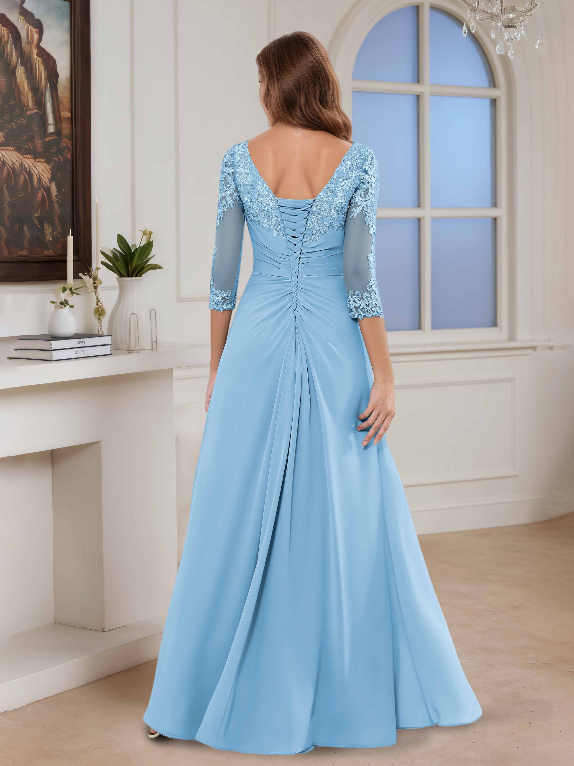 Camira Modest A-Line Scoop Ruched Lace Appliqued Long Mother of the Br Cathnina Camira Modest A-Line Scoop Ruched Lace Appliqued Long Mother of the Br Cathnina