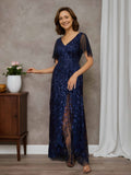 Cara Classic A-line V-neck Short Sleeves Sequin Asymmetrical Tulle Mother of the Bride Dresses