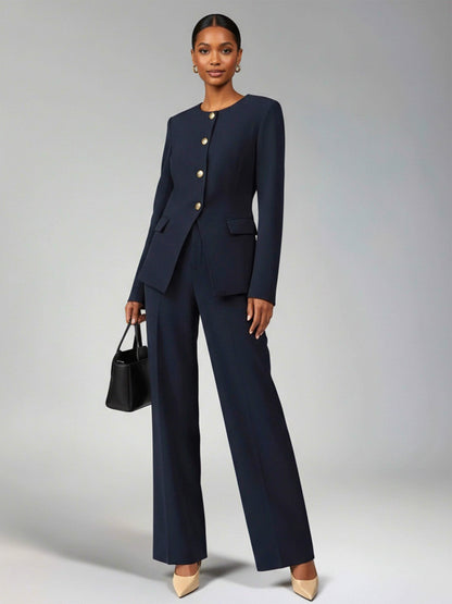 Casual Four Buttons Long Sleeve Blazer Jackets and Wide Leg Pant
