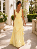 Celestia A-Line V-Neck Long Formal Dress with 3D Flowers