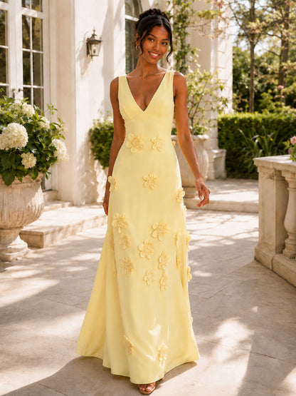 Celestia A-Line V-Neck Long Formal Dress with 3D Flowers