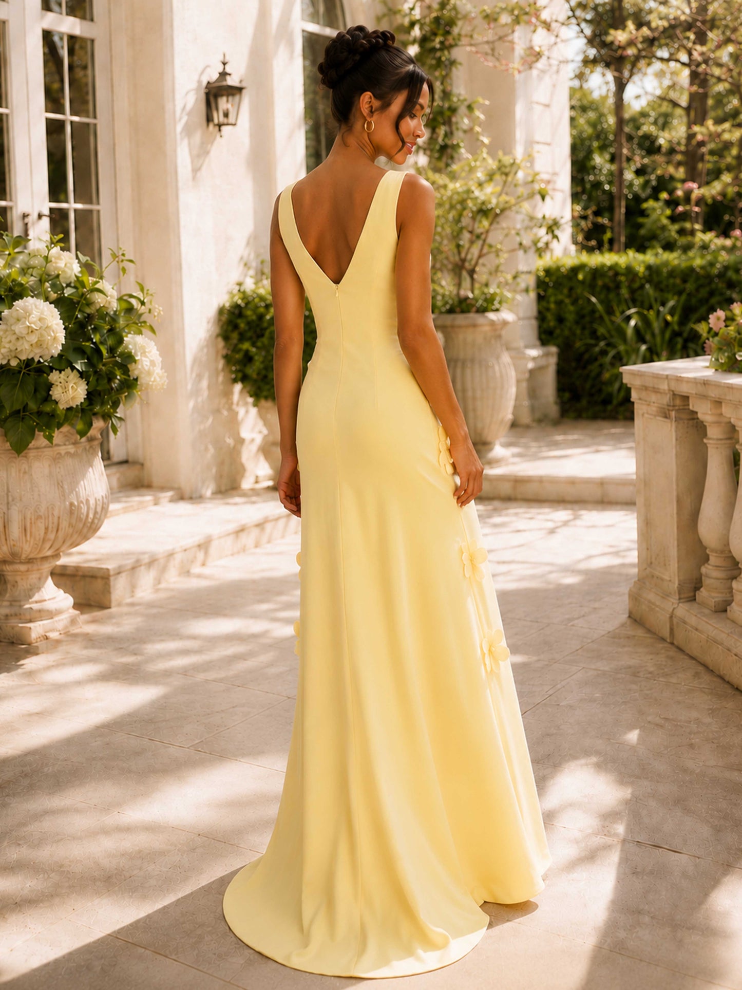 Celestia A-Line V-Neck Long Formal Dress with 3D Flowers
