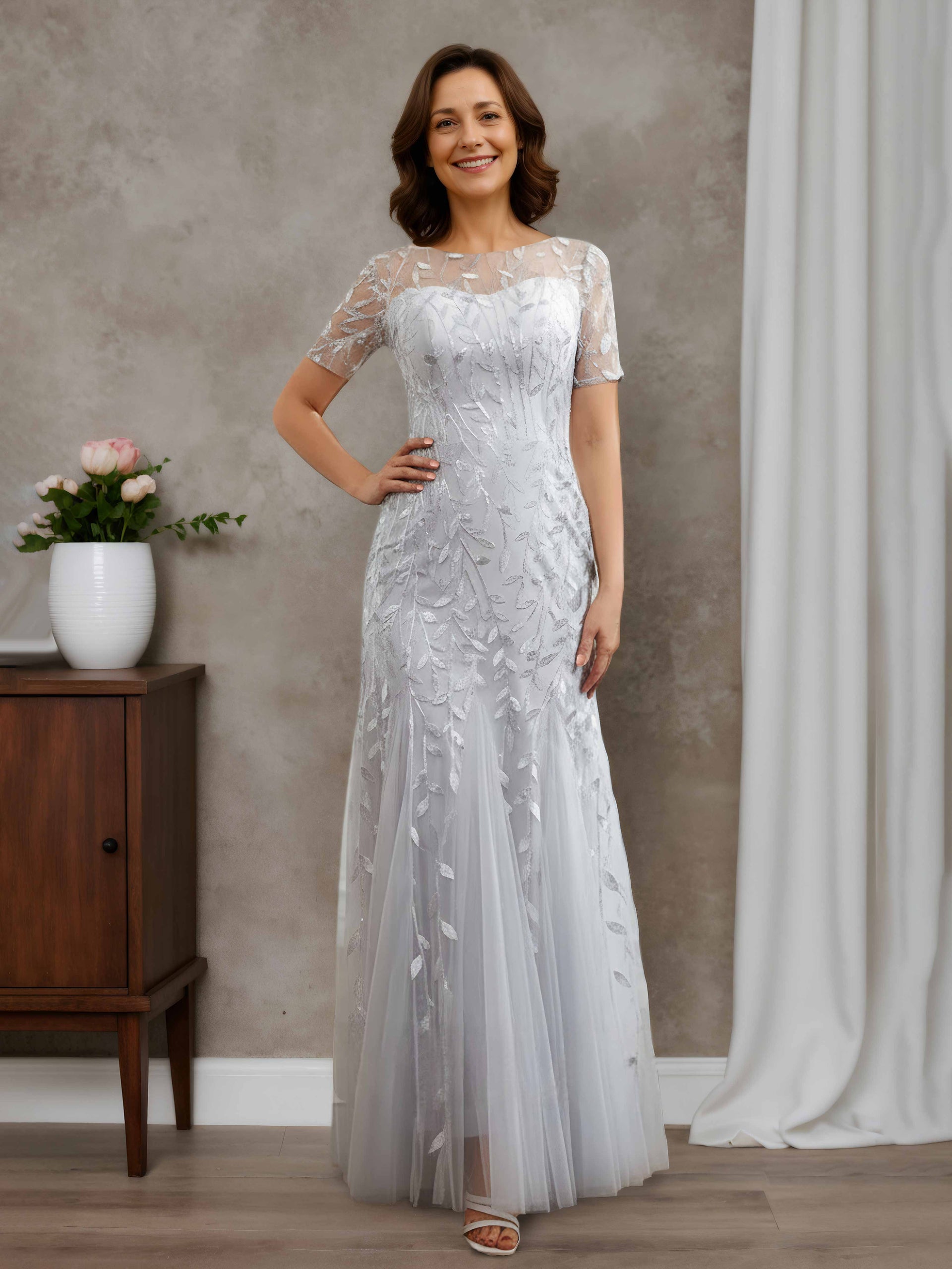 Celia Classic A-line Bateau Short Sleeves Floor-Length Tulle Mother of the  Bride Dresses with Sequin