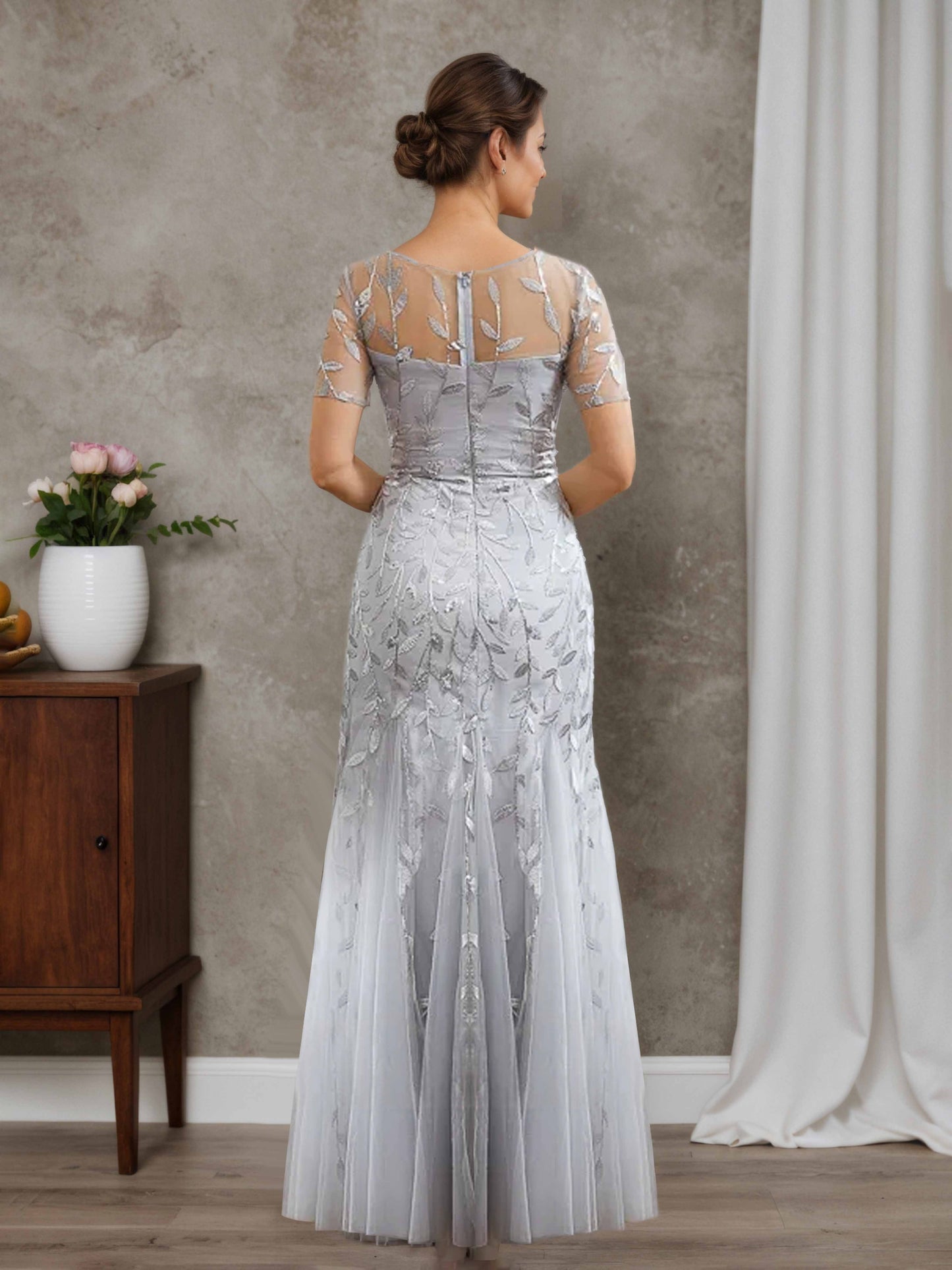 Celia Classic A-line Bateau Short Sleeves Floor-Length Tulle Mother of the Bride Dresses with Sequin
