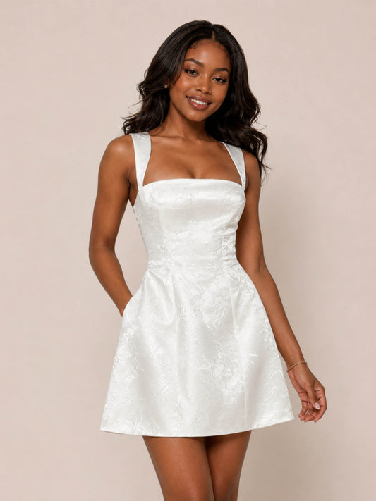 Celinae A Line Square Neck Jacquard Satin Short Homecoming Dress