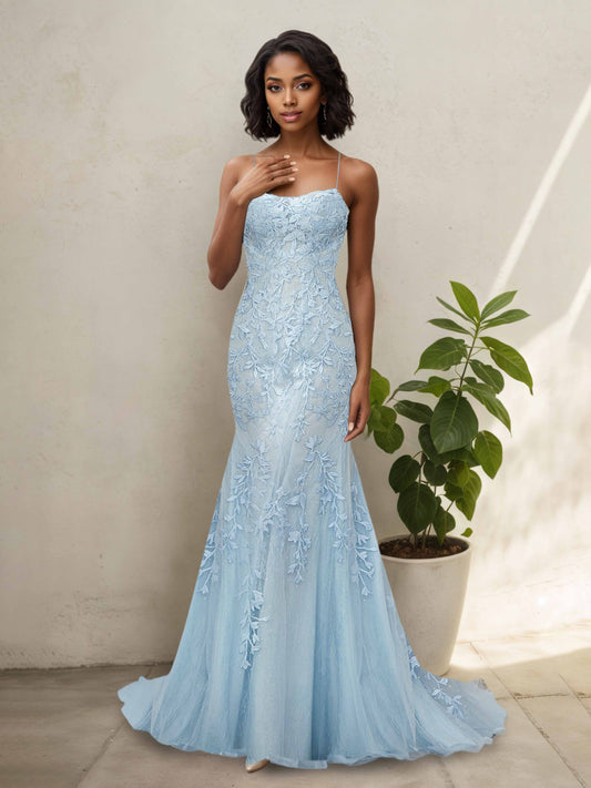Celina Sexy Spaghetti Straps Sheath Appliqued Tulle Prom Dresses