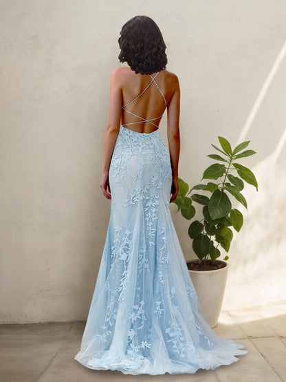 Celina Sexy Spaghetti Straps Sheath Appliqued Tulle Prom Dresses