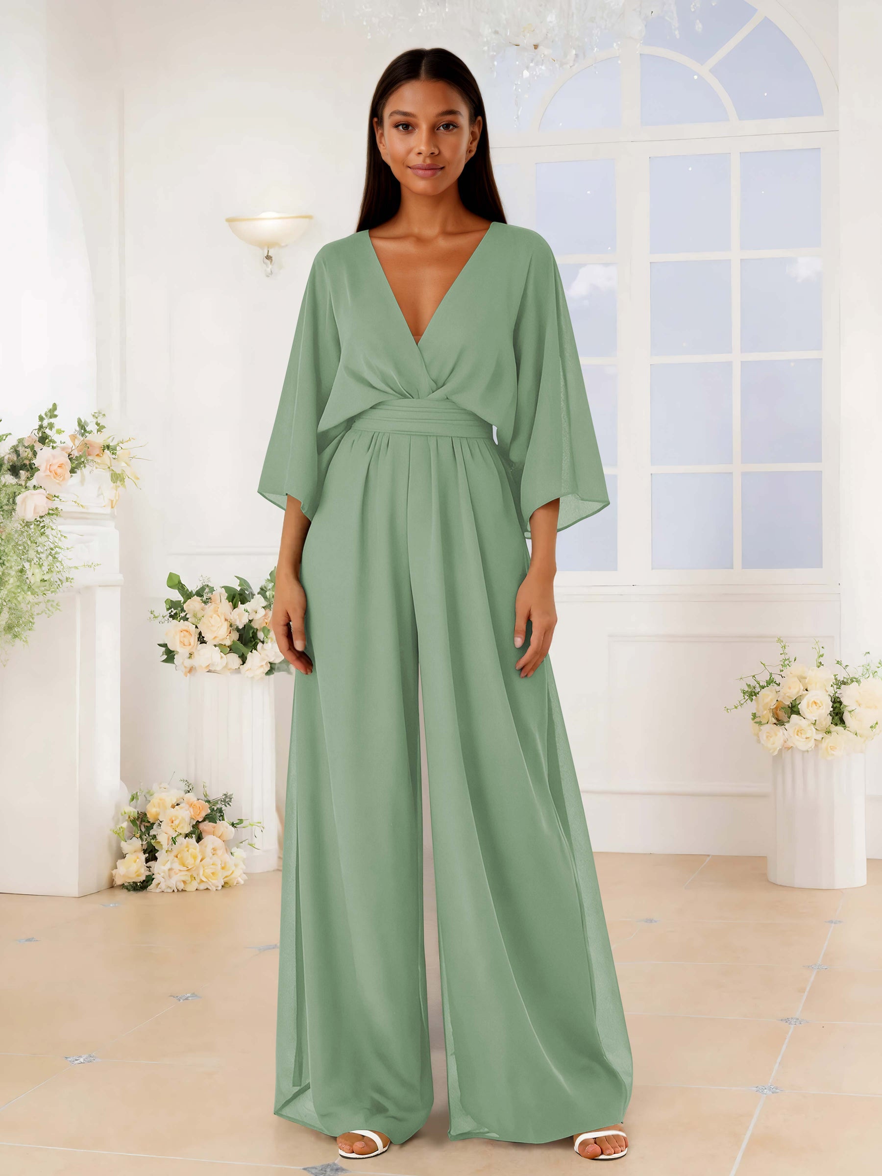 Charming V Neck Ruched Chiffon Jumpsuits For Bridesmaids