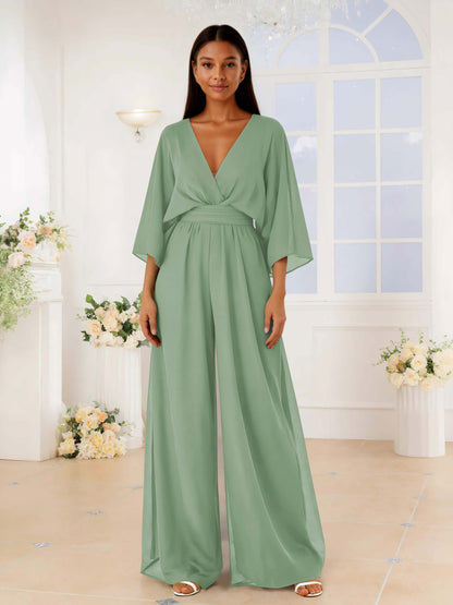Charming V Neck Ruched Chiffon Jumpsuits For Bridesmaids