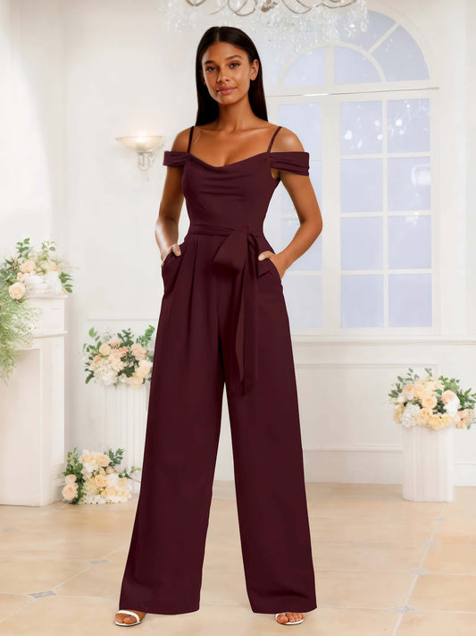 Chic Cold Shoulder Cowl Chiffon Jumpsuits For Bridesmaids With Pockets