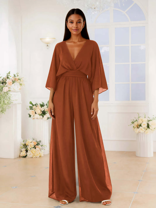 Charming V Neck Ruched Chiffon Jumpsuits For Bridesmaids