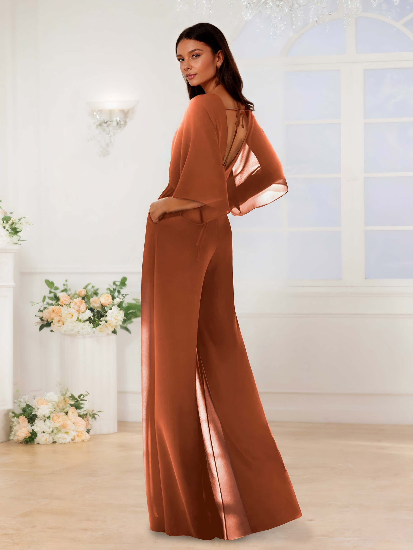 Charming V Neck Ruched Chiffon Jumpsuits For Bridesmaids