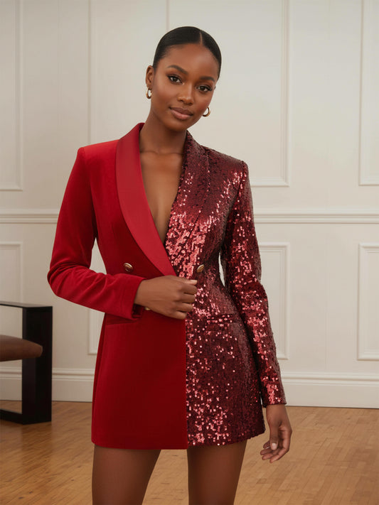 Chic Double Breasted Women's Color Sequins Blocking Prom Suit Jacket