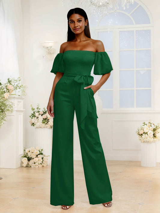 Chic Off the Shoulder Chiffon Jumpsuits For Bridesmaids With Pockets