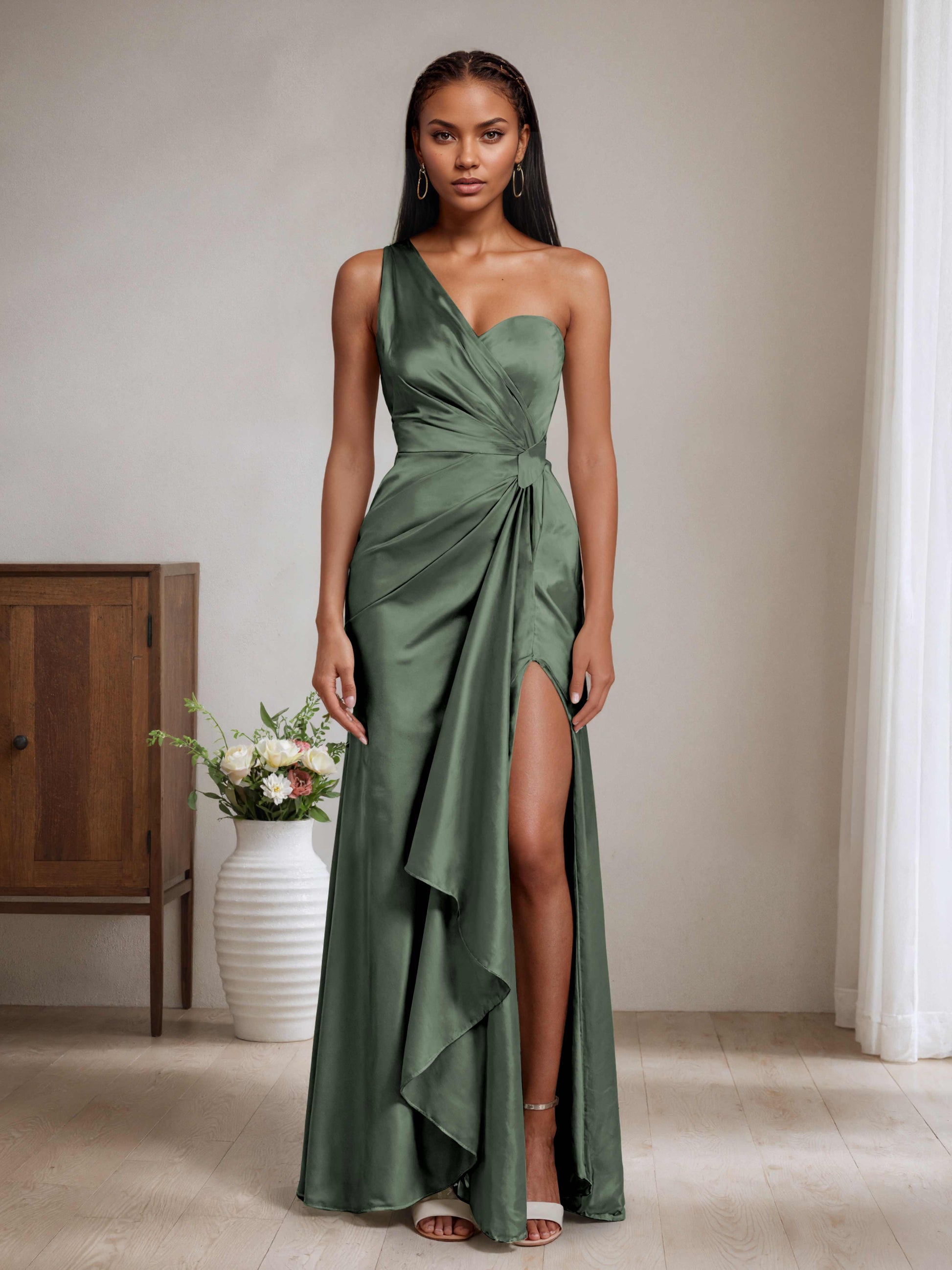 one shoulder mermaid bridesmaid dresses Stretch Crepe One Shoulder Mermaid Gown With Bow Accent In Hot Pink