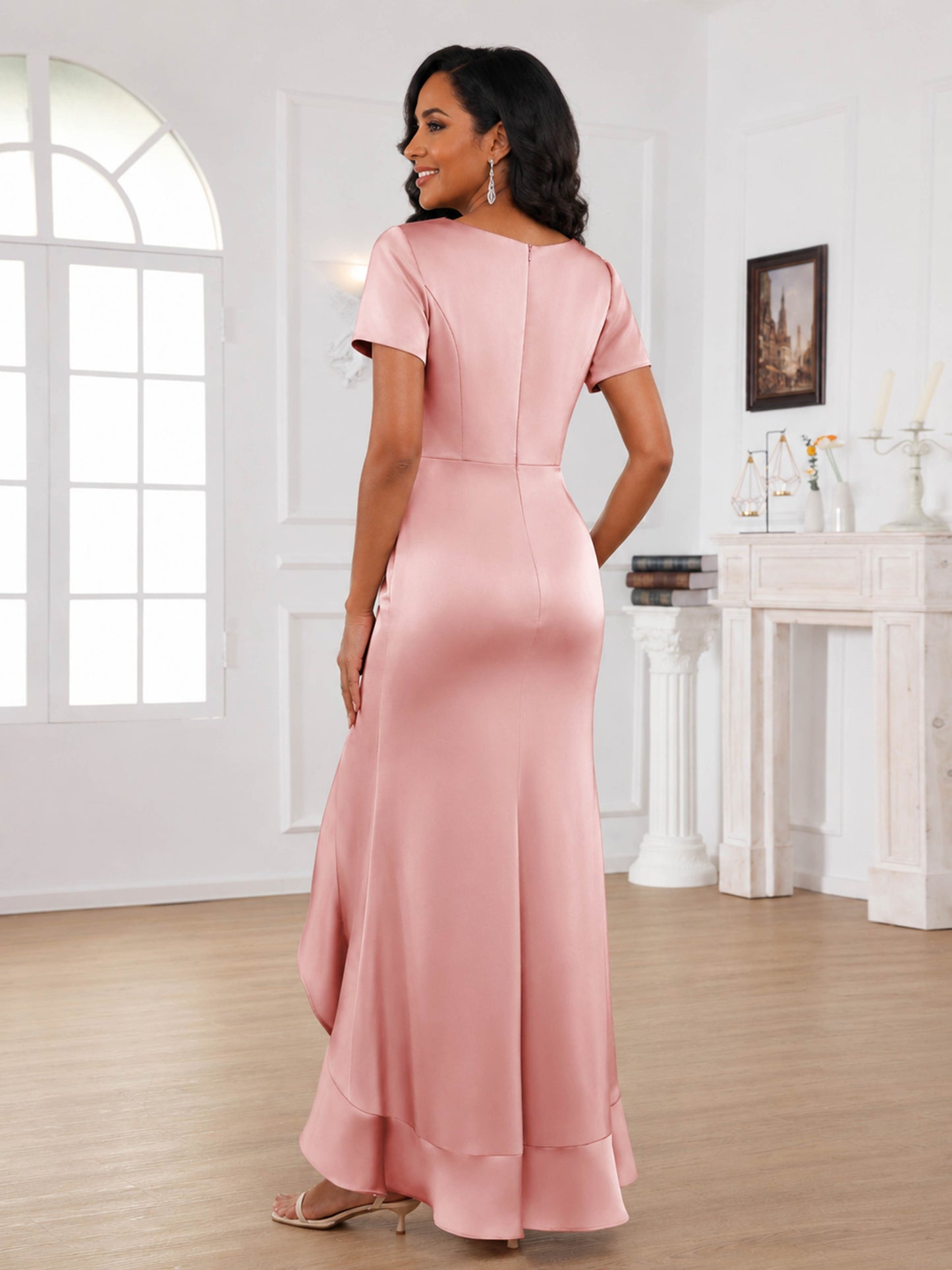 Clara Refined V-Neck Short Sleeves Pleated Mother of the Bride Dresses with Slit