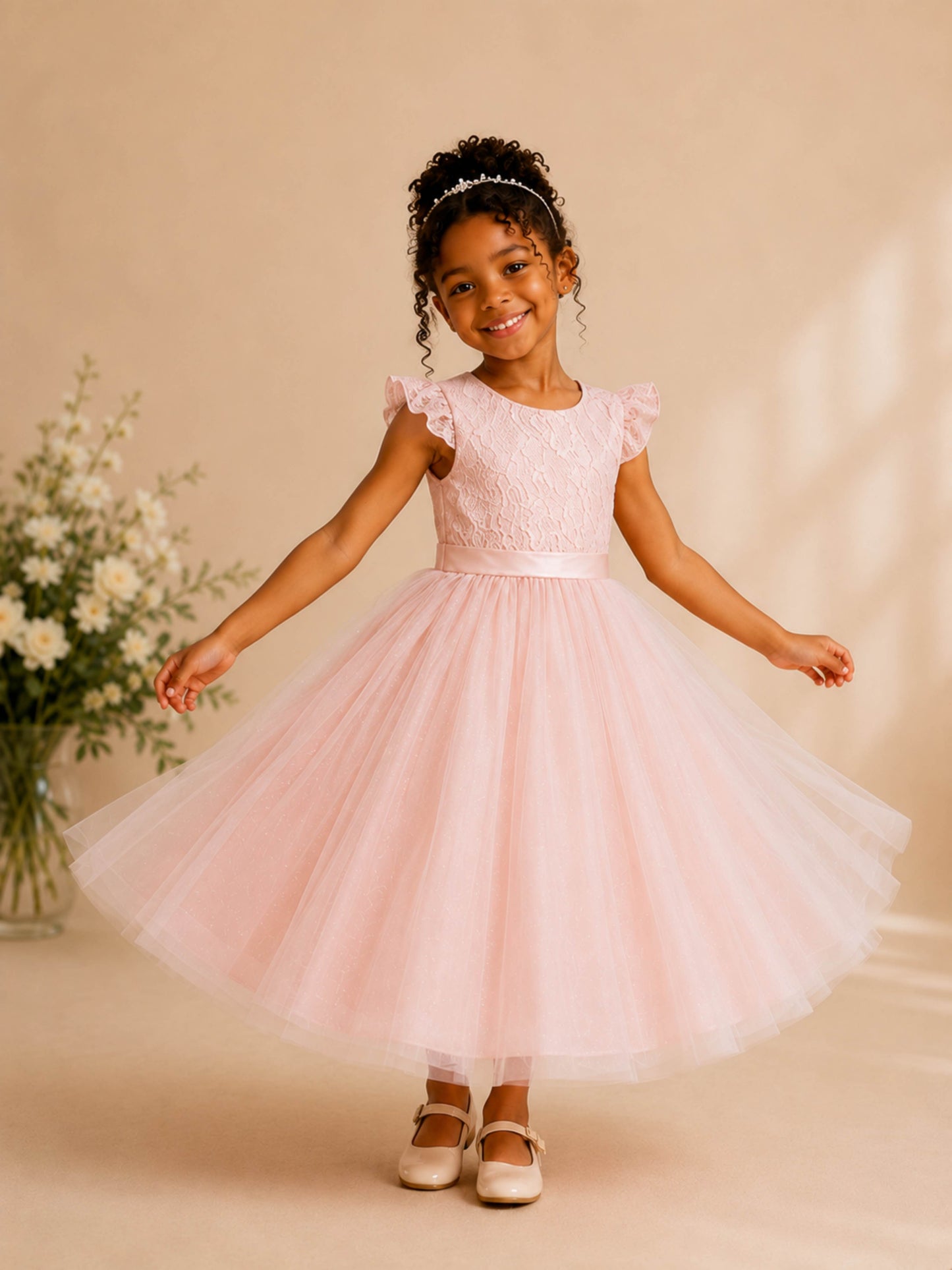 Classic A-Line Bow Back Tulle Long Flower Girl Dresses