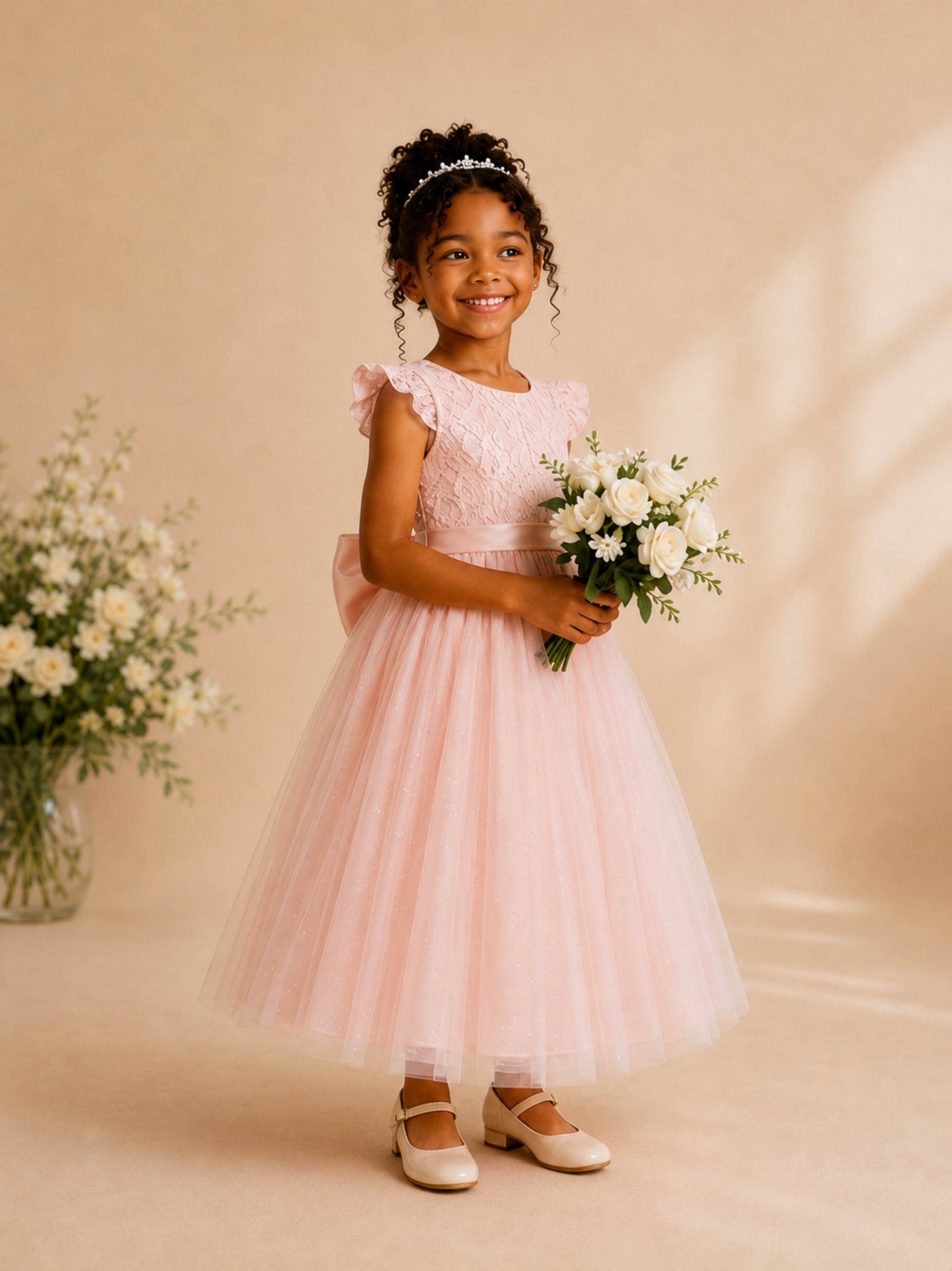Classic A-Line Bow Back Tulle Long Flower Girl Dresses