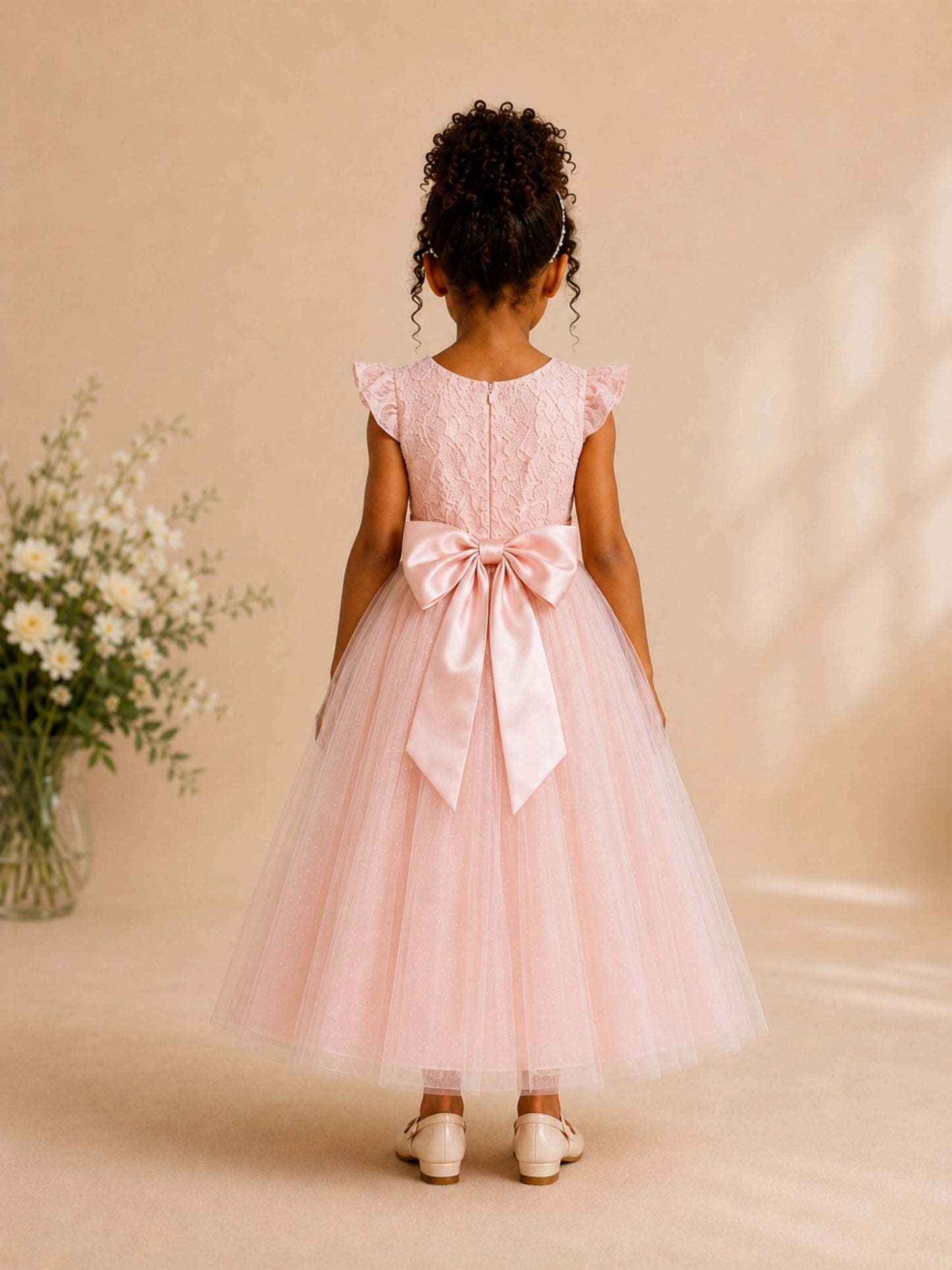 Classic A-Line Bow Back Tulle Long Flower Girl Dresses