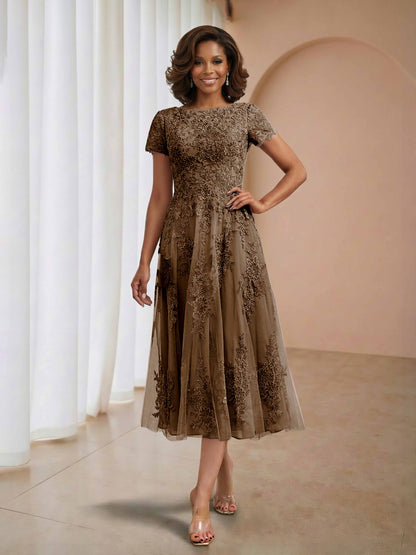 Cressida Graceful A-line scoop Tea-length Short Sleeves Tulle Lace Mother of the Bride Dresses