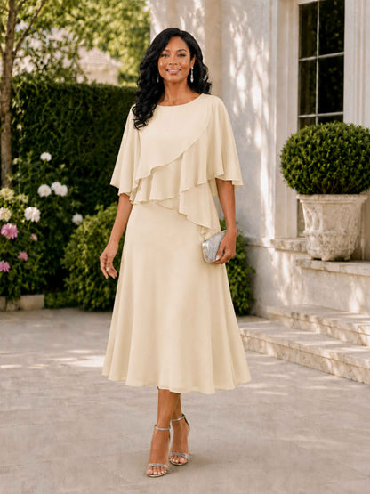 Daliah Elegant Cape Sleeves Tea Length Mother of Bride Dress with Ruffles