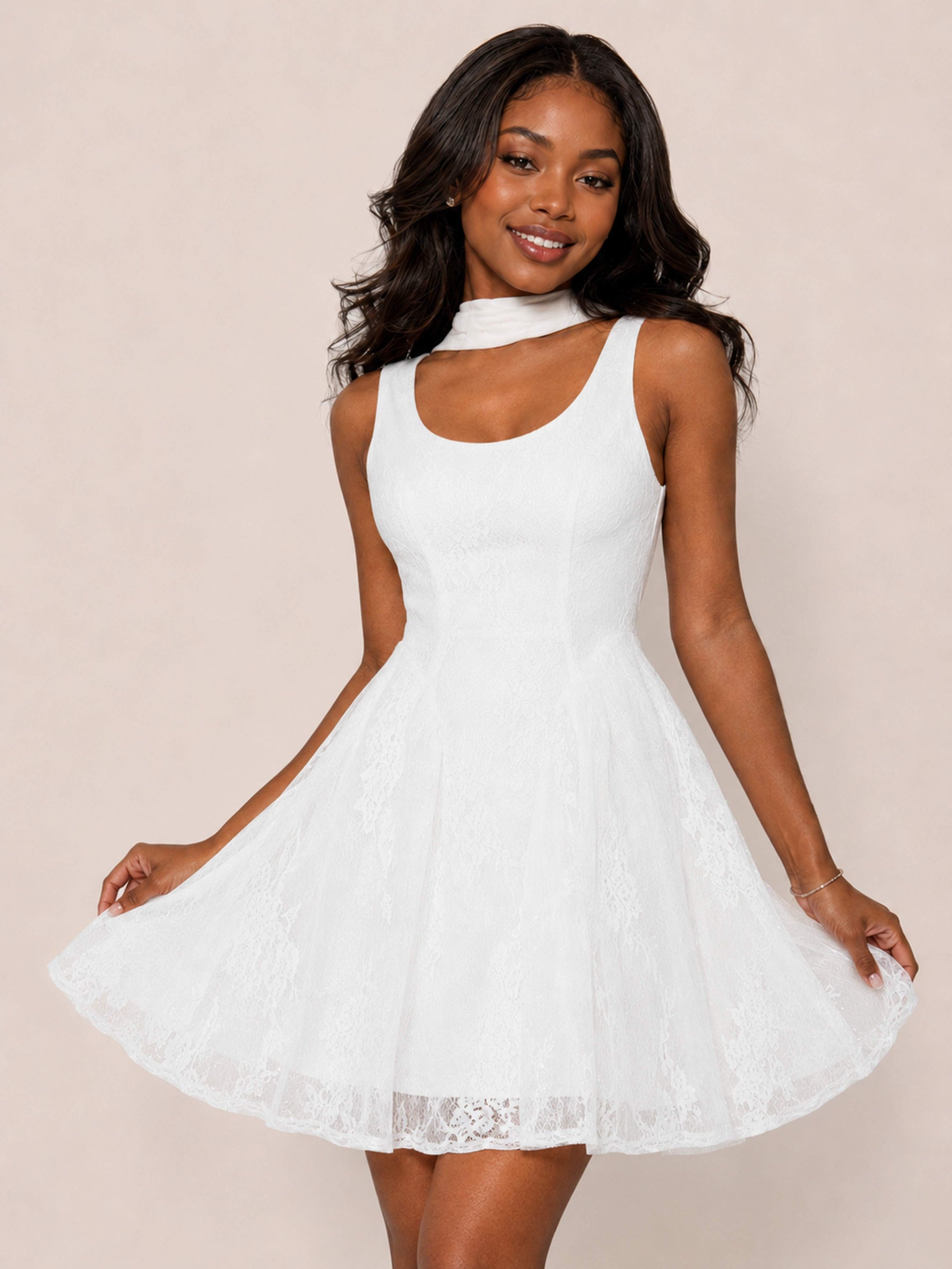 Delilah A-Line Sleeveless Mini Homecoming Dresses with Neck Scarf