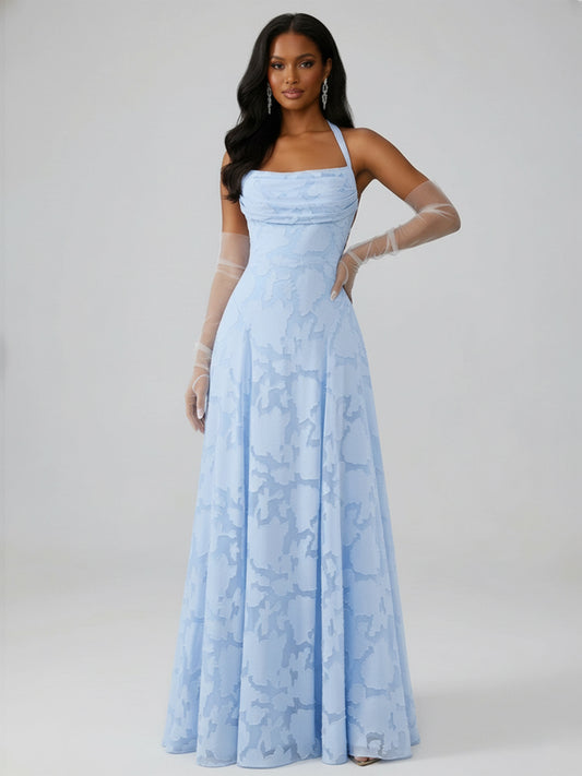 Della A-Line Halter Sleeveless Floor-Length Floral Lace Long Bridesmaid Dresses