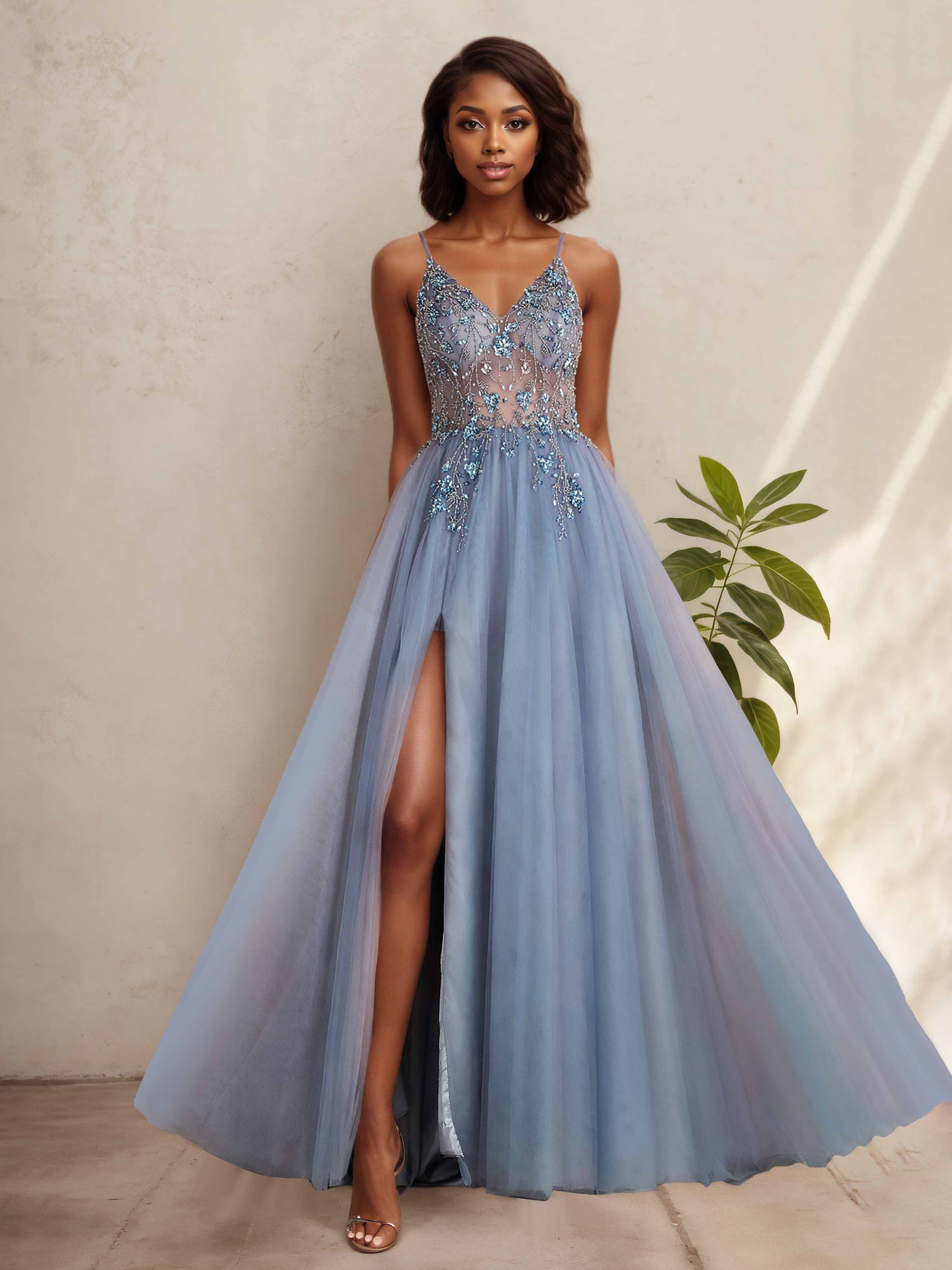 Delora Chic A Line Spaghetti Straps Tulle Prom Dresses with Slit