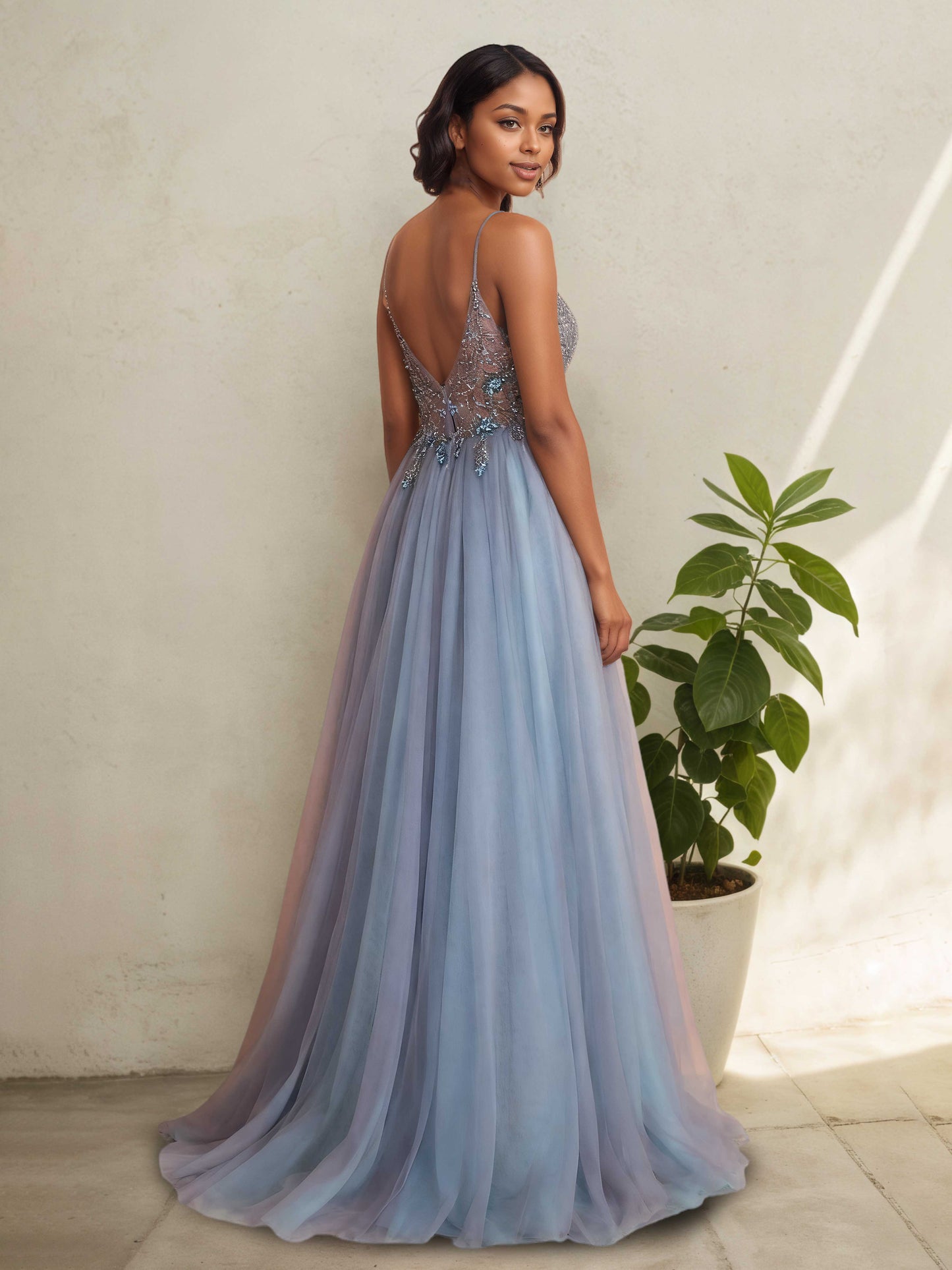 Delora Chic A Line Spaghetti Straps Tulle Prom Dresses with Slit
