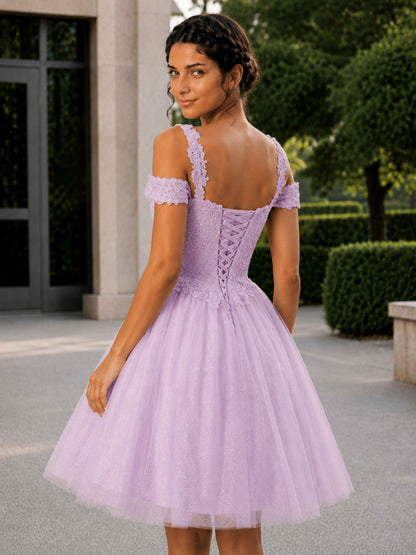 Delsa Off-the-Shoulder Lace A-Line Mini Homecoming Dress