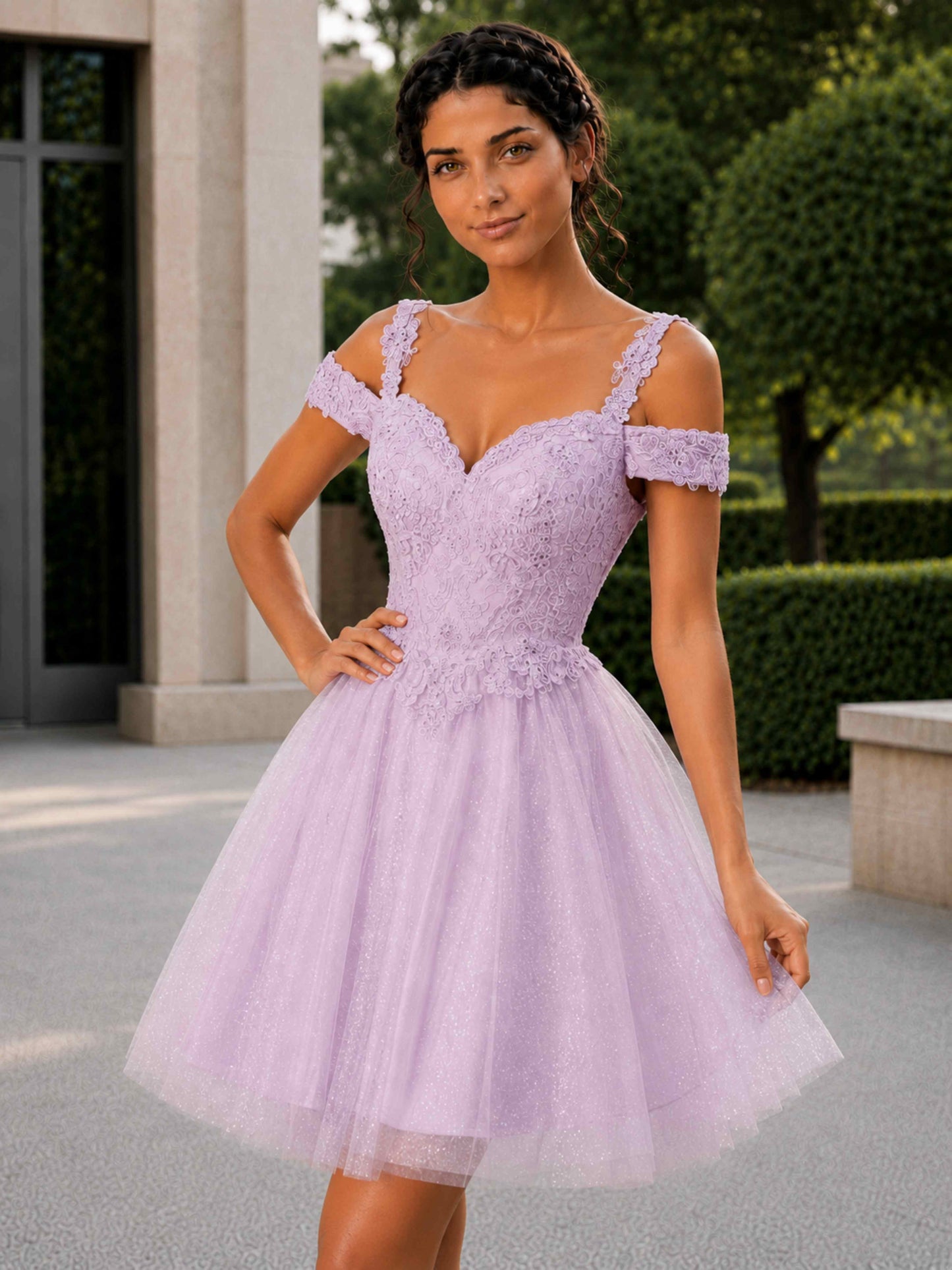 Delsa Off-the-Shoulder Lace A-Line Mini Homecoming Dress