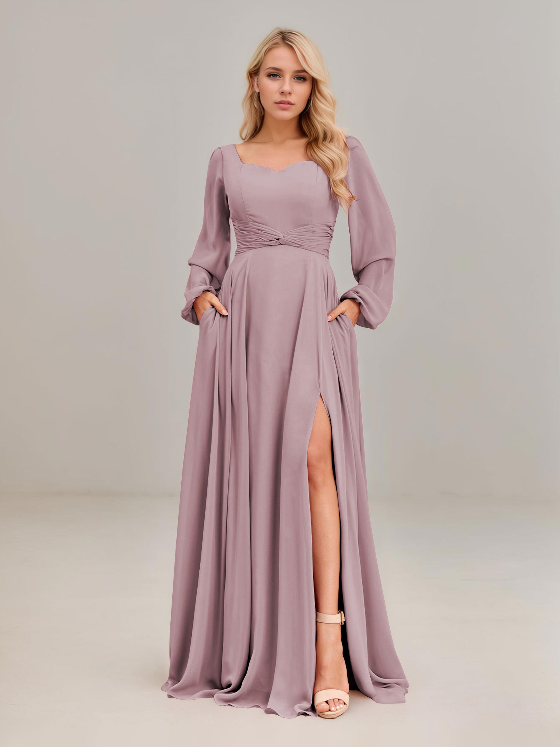 long sleeve chiffon bridesmaid dress with slit Ever-Pretty High-Slit Chiffon Bridesmaid Dress with Long Sleeves and Waist Pleating