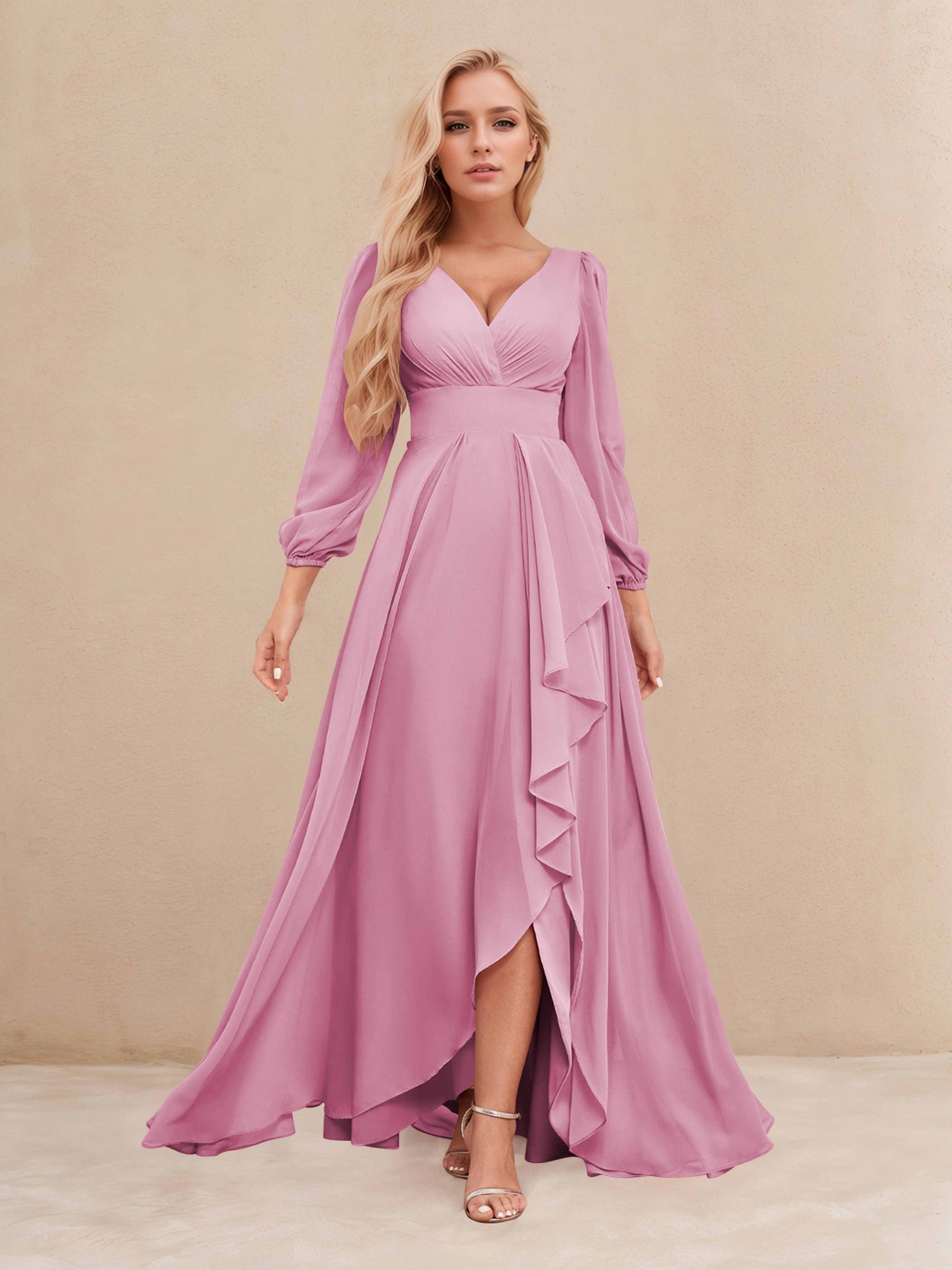Demetria Dreamy V Neck A Line Long Sleeves Ruffles Chiffon Bridesmaid Cathnina Demetria Dreamy V Neck A Line Long Sleeves Ruffles Chiffon Bridesmaid Cathnina