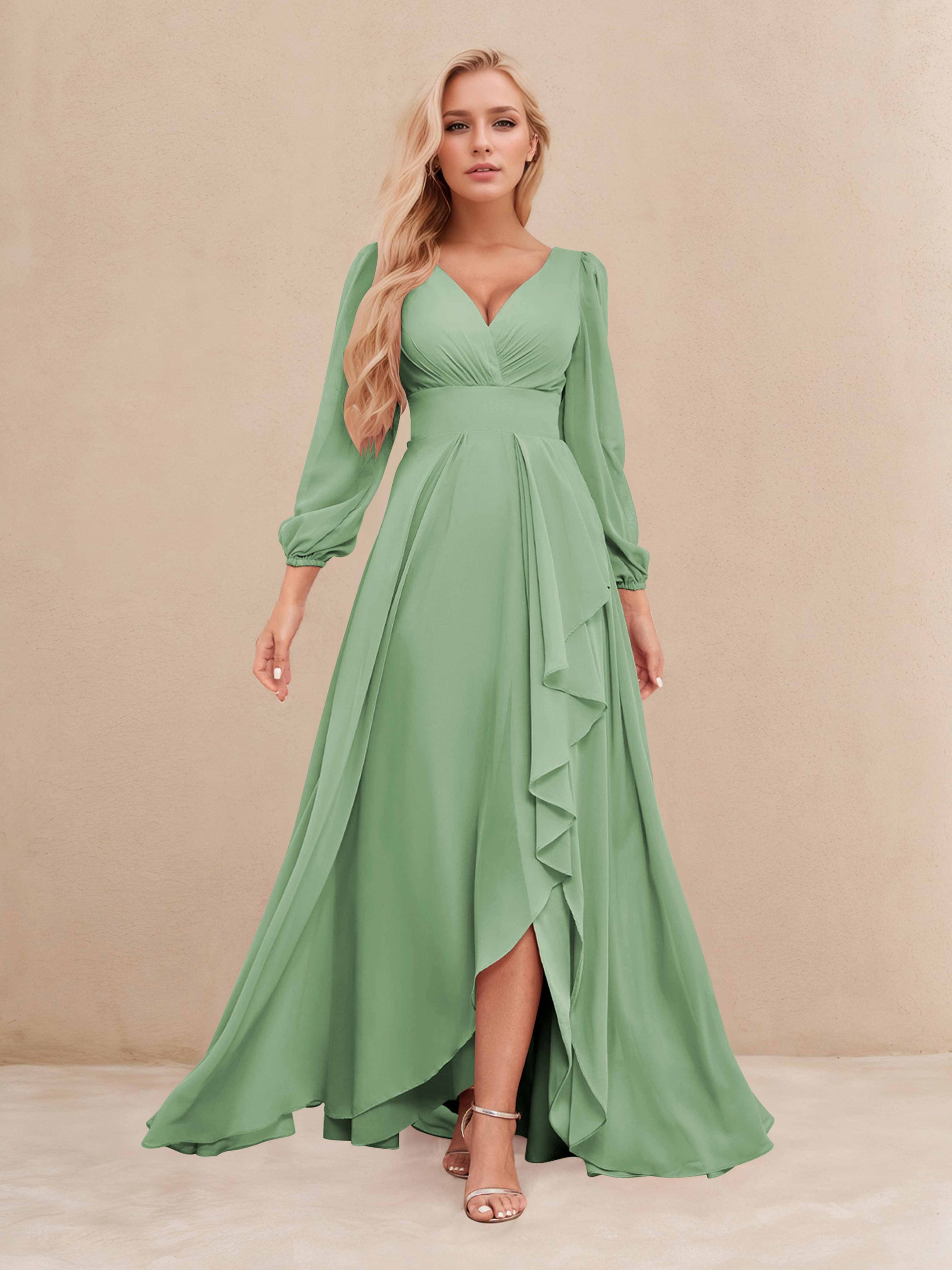 Demetria Dreamy V Neck A Line Long Sleeves Ruffles Chiffon Bridesmaid Cathnina Demetria Dreamy V Neck A Line Long Sleeves Ruffles Chiffon Bridesmaid Cathnina