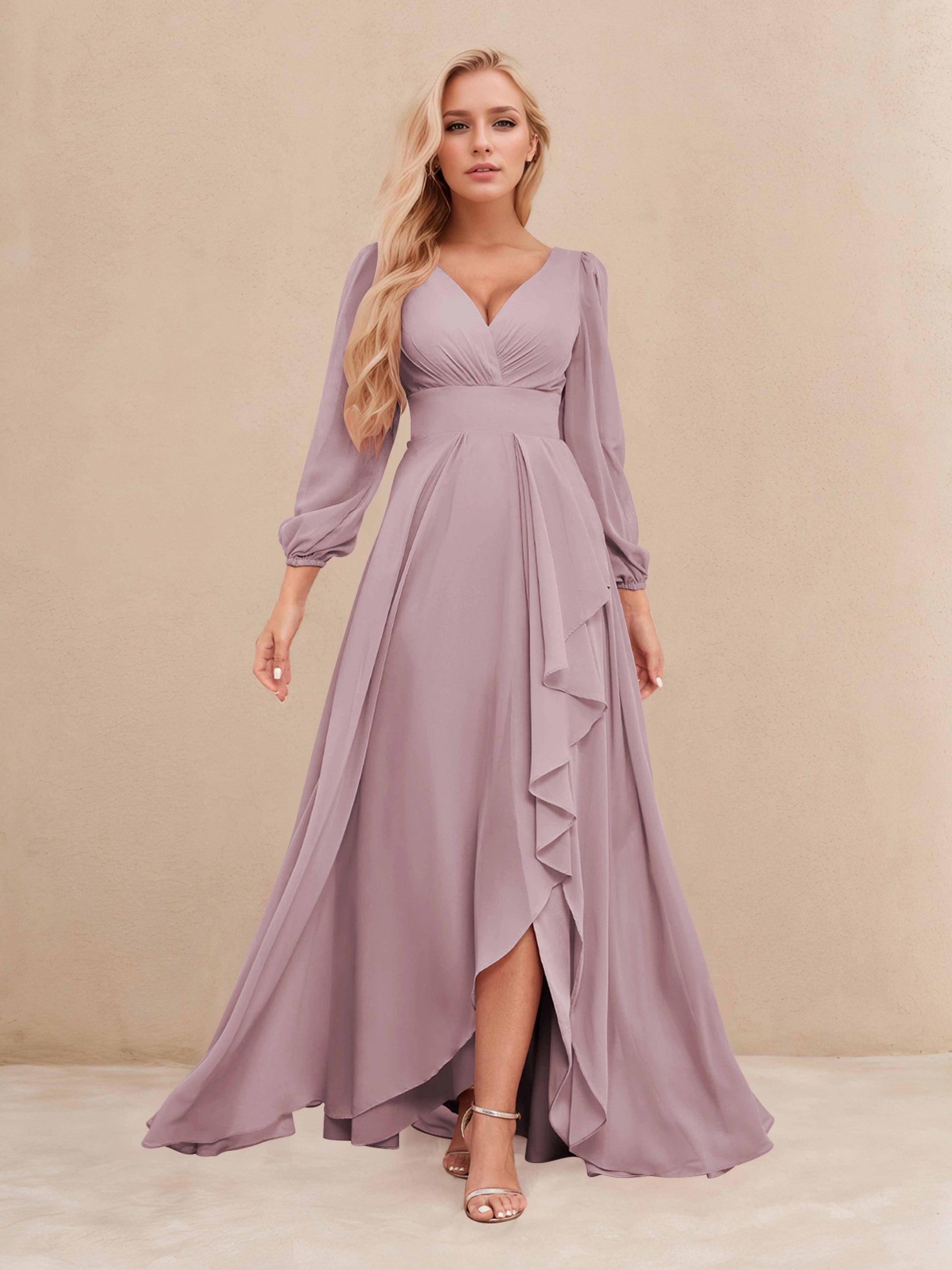 Demetria Dreamy V Neck A Line Long Sleeves Ruffles Chiffon Bridesmaid – Cathnina