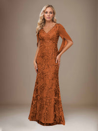 Free Shipping Romantic V Neck Lace Appliques Cape Chiffon Mother of the Bride Dresses