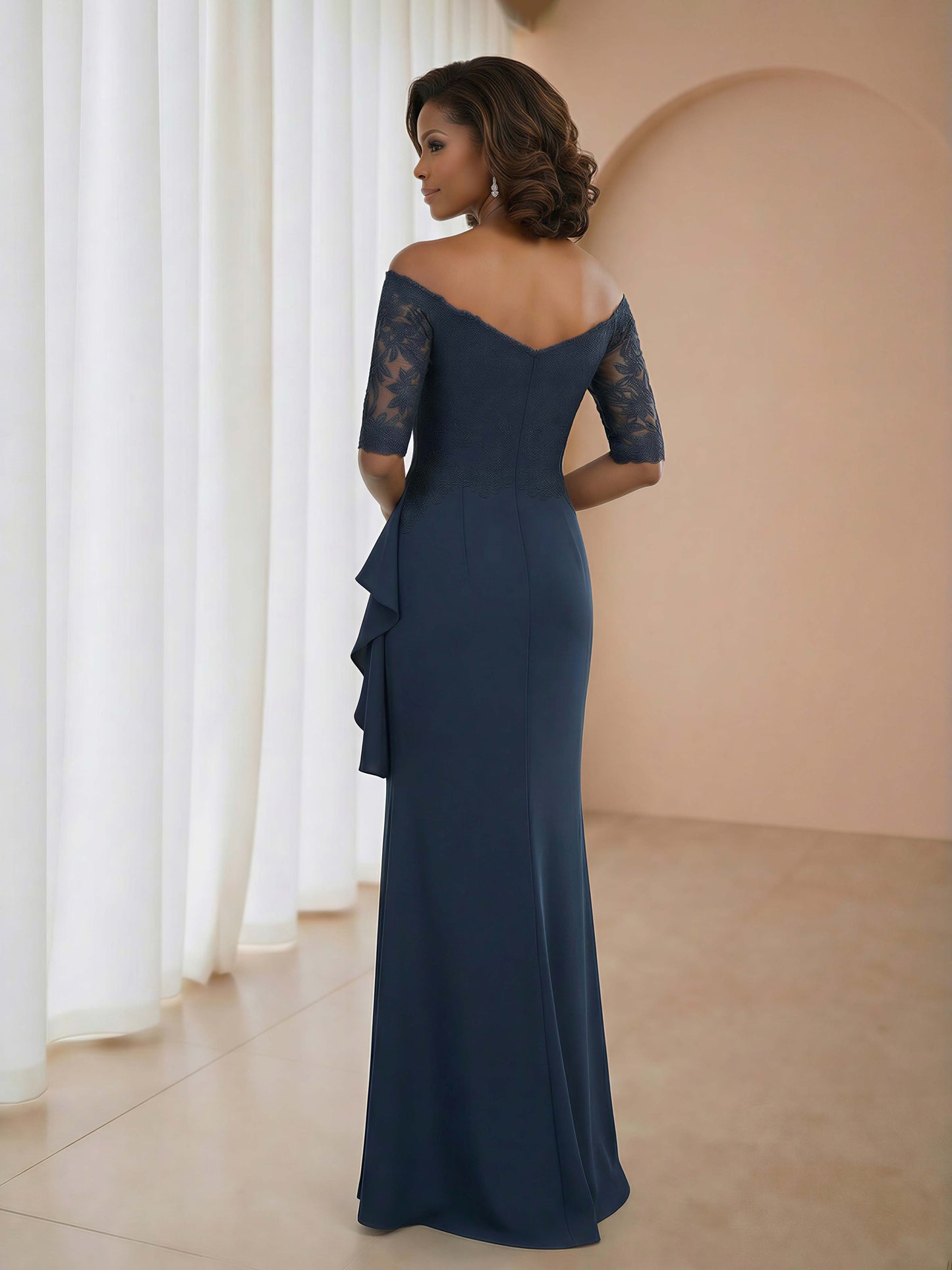Dominae Sexy Mermaid Off-the-Shoulder Half-Sleeve Ruched Stretch Crepe Mother of the Bride Dresses