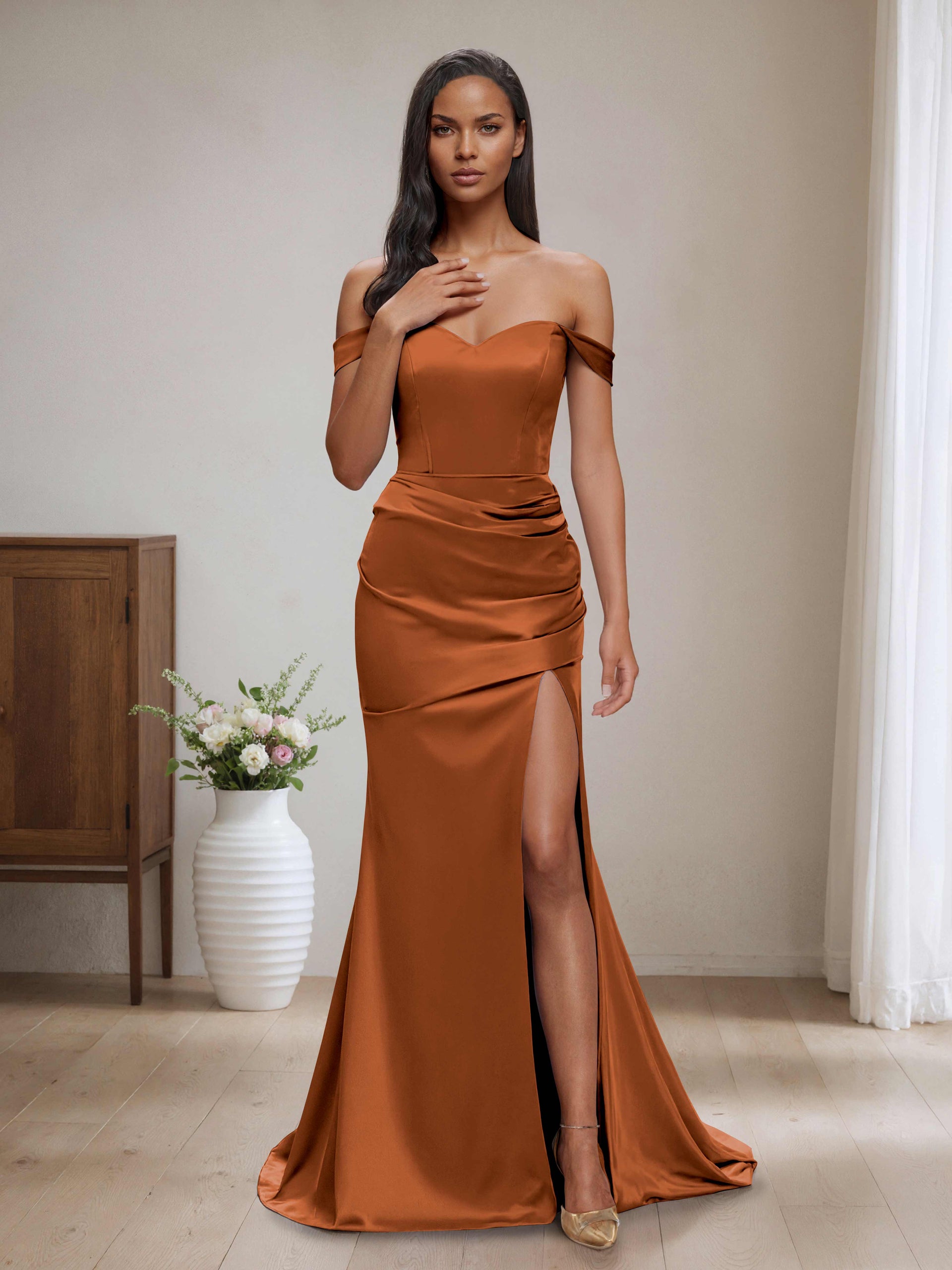 orange satin bridesmaid dresses Elaine Sexy Off-the-Shoulder Long – Cathnina Elegant Olive Green Pleated Structured V Men's Casual & Dress Color:Swan