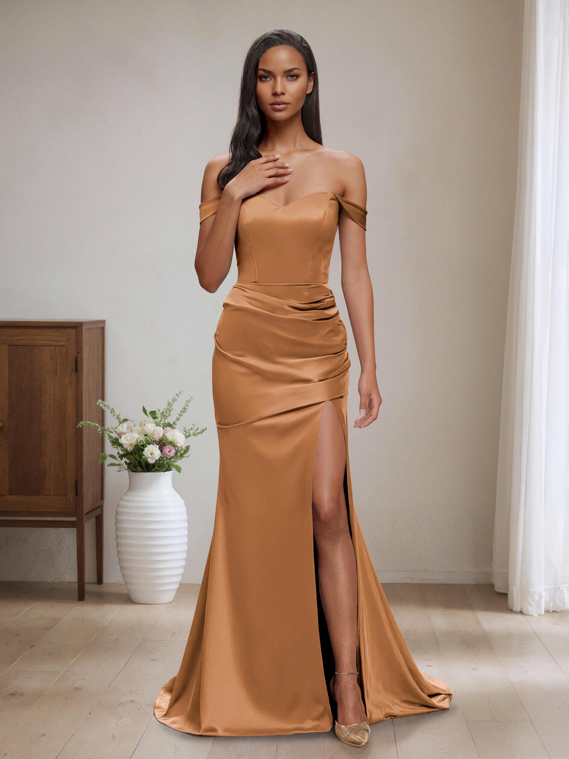 tan bridesmaid dresses Elaine Sexy Off-the-Shoulder Long Satin – Cathnina ️ Visit a Bella Pakistani Bridal Dresses & designer wedding dress Width:24