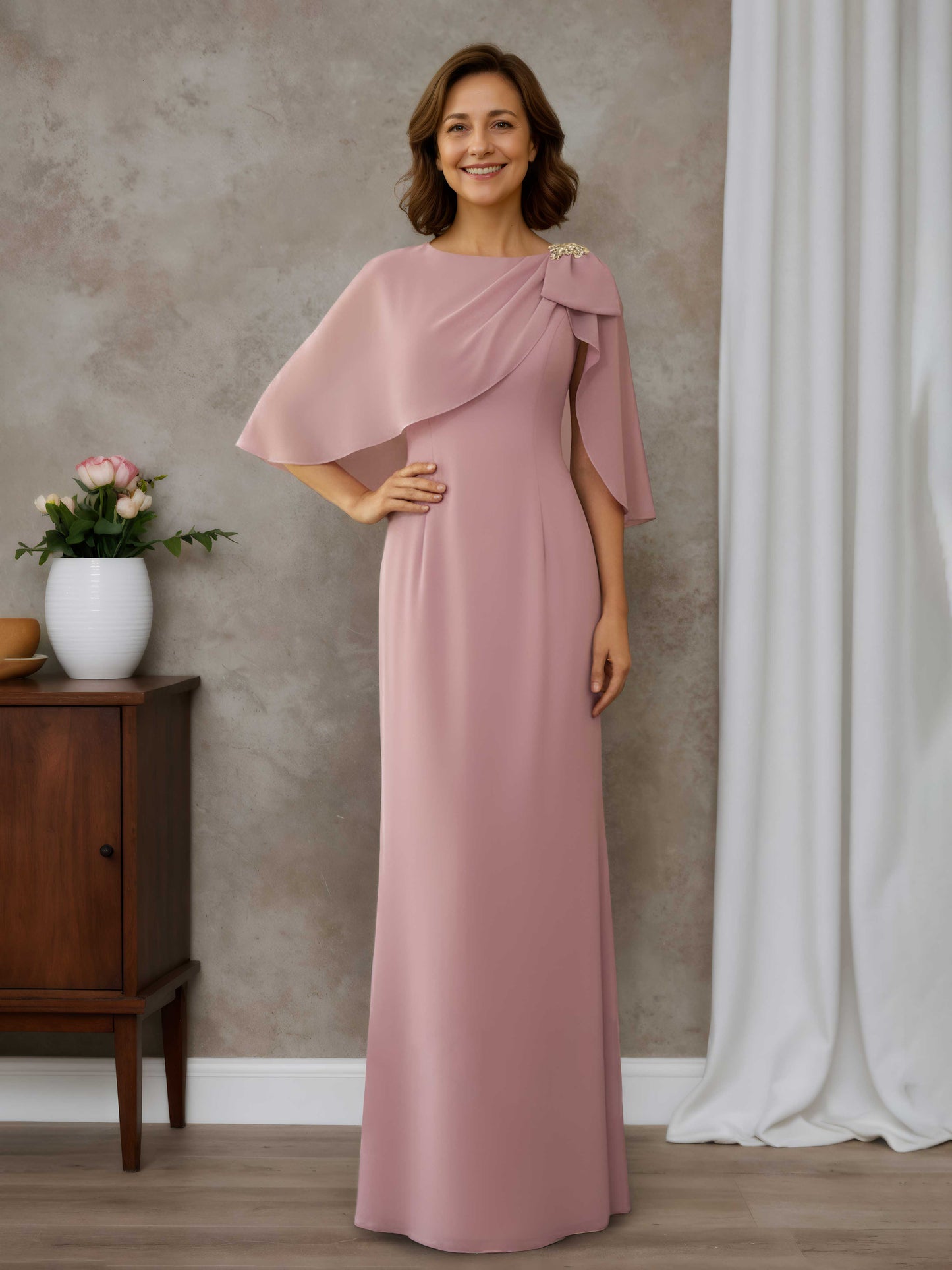Elaran Eleganat A-line Scoop Half Sleeves Floor-Length Chiffon Mother of the Bride Dresses with Bow